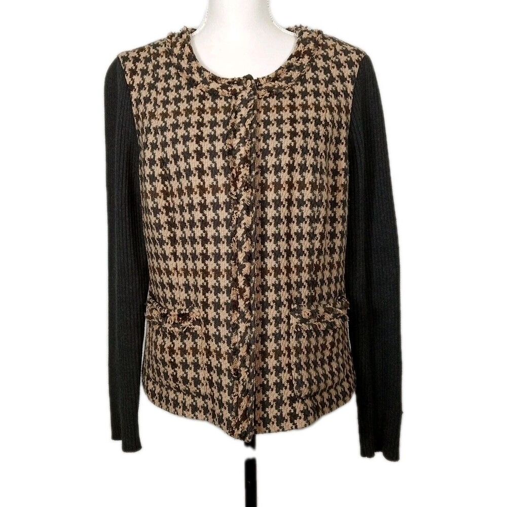 CAbi Houndstooth Jacket  Zip Up  Charcoal Tan Sz 12 Heritage Prep Preppy Hunting
